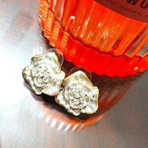 Camelia Rose Flower Earrings Diamonds Rhinestones Pierced Silver Regency Fancy